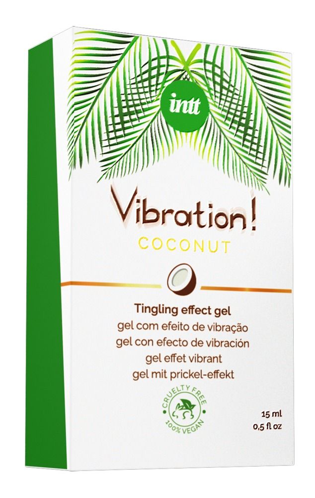 Verpackung mit Produktnamen und Logo. Text: Vibration! Coconut, Tingling effect gel. Mit Cruelty Free Siegel. 15 ml.