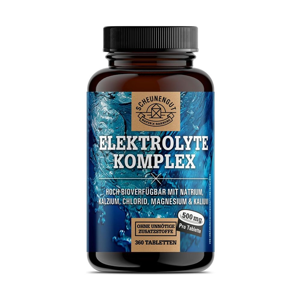 Braune Glasflasche mit blauem Etikett: Scheunengut Elektrolyte Komplex, 360 Tabletten.
