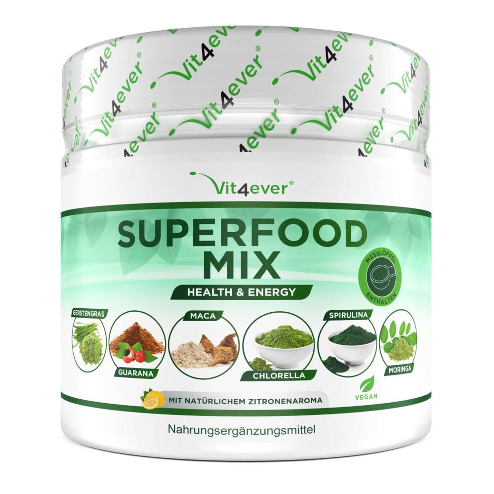 Dose Superfood Mix. Enthält Gerstengras, Guarana, Maca, Chlorella, Spirulina und Moringa. Mit natürlichem Zitronenaroma. Vegan.