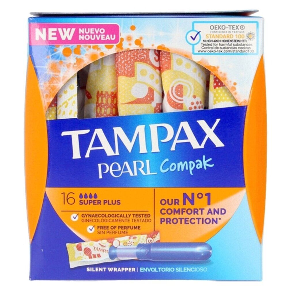 Verpackung von Tampax Pearl Compak Super Plus. Enthält 16 Tampons. Mit 'NEW' und 'DEKO-TEX' Siegel.