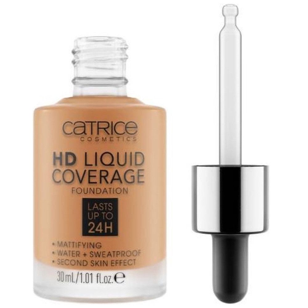 Flüssige Foundation mit HD-Abdeckung von Catrice. Flasche mit Pipette. Aufschrift: HD Liquid Coverage Foundation, mattierend, wasserfest, 24h.