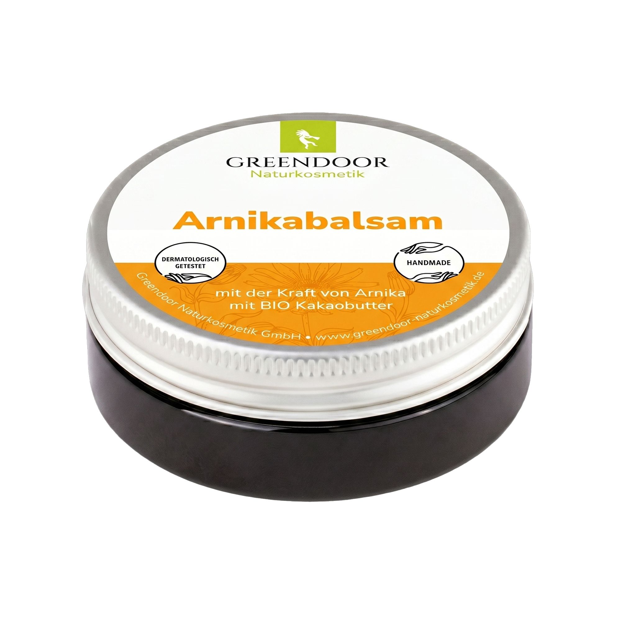 Runde Dose mit silbernem Deckel. Aufschrift: Arnikabalsam. Logo: grünes Pferd. Text: mit der Kraft von Arnika mit BIO Kakaobutter.