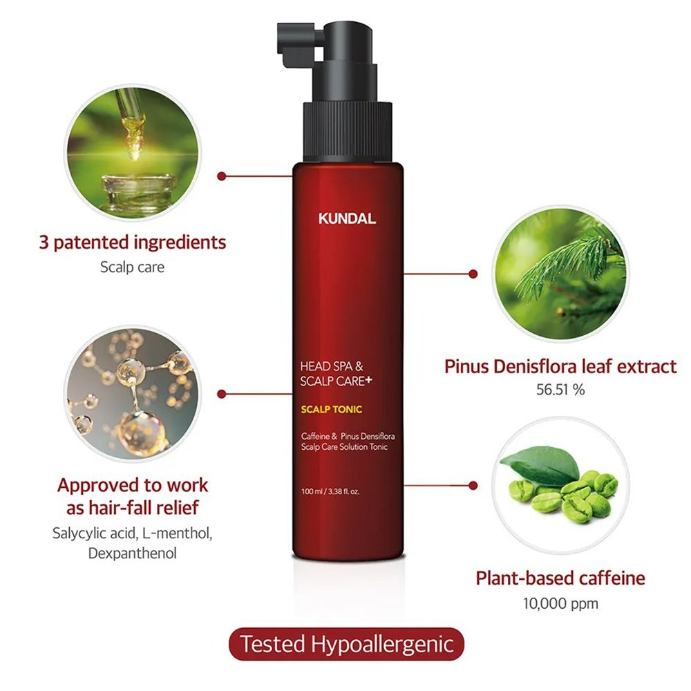 Rote Flasche mit schwarzem Sprühkopf. Text: KUNDAL, HEAD SPA & SCALP CARE+, SCALP TONIC. Inhaltsstoffe abgebildet.