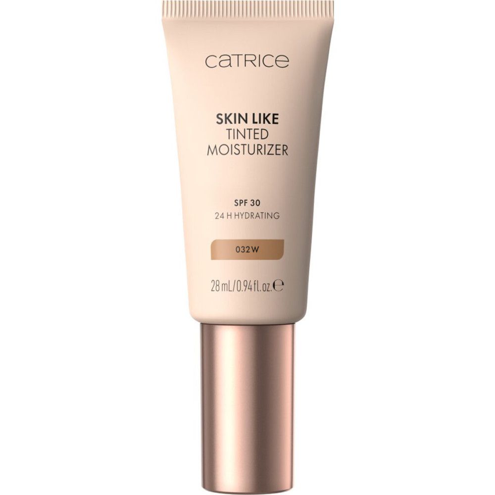 Catrice Skin Like Tinted Moisturizer Tube. Beige Tube mit Produktinformationen. SPF 30, 24H Hydrating. Farbton 032W.