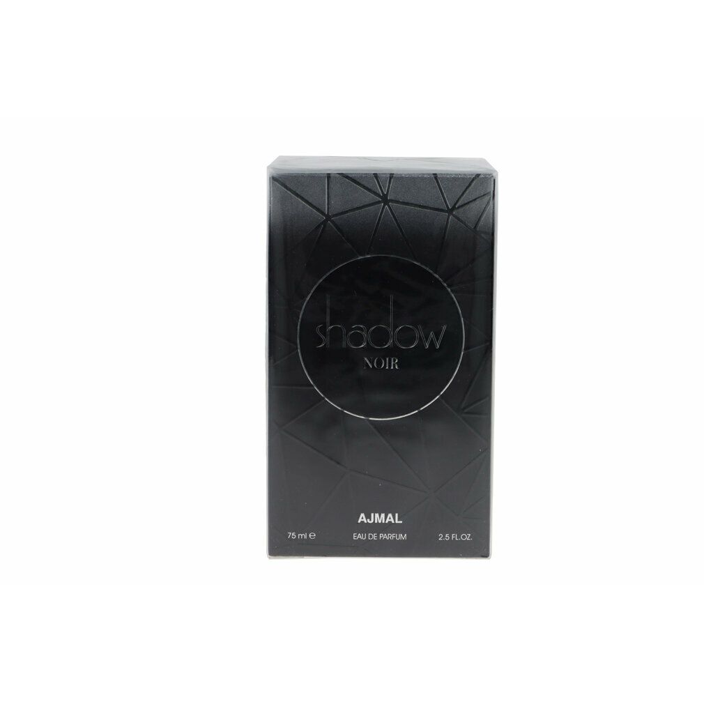 Schwarzer Karton mit Prägung. Aufschrift Shadow Noir, Ajmal Eau de Parfum. 75 ml, 2.5 FL.OZ.