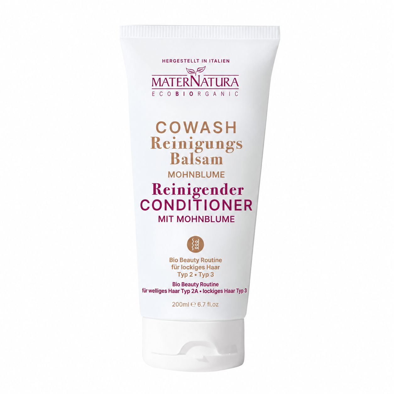 Weiße Tube MaterNatura Cowash Reinigungs Balsam Mohnblume. Hergestellt in Italien. 200ml.