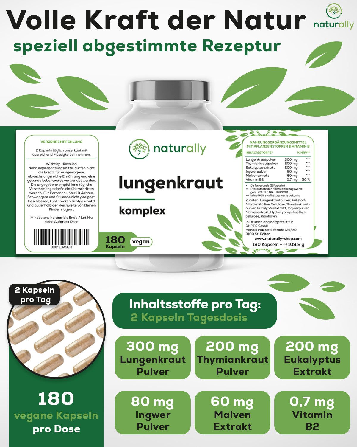 Weißes Glas mit Kapseln. Text: Lungenkraut Komplex, 180 Kapseln, vegan. Text: Inhaltsstoffe pro Tag.