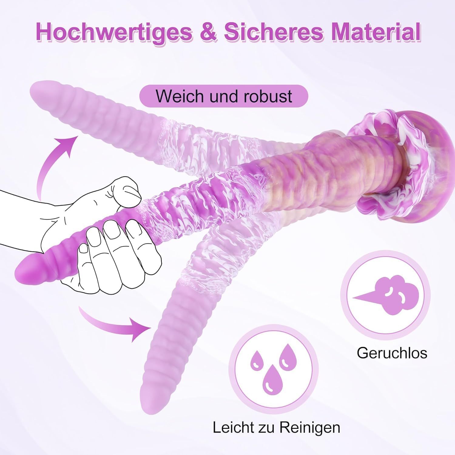 Lila-weißer Dildo mit Saugnapf, mit detaillierten Ansichten der Textur und Basis.