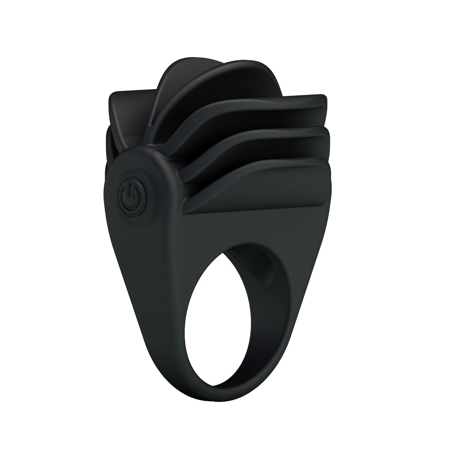 Schwarzer Penisring mit Vibrator. Ring mit Blättern und Knopf.