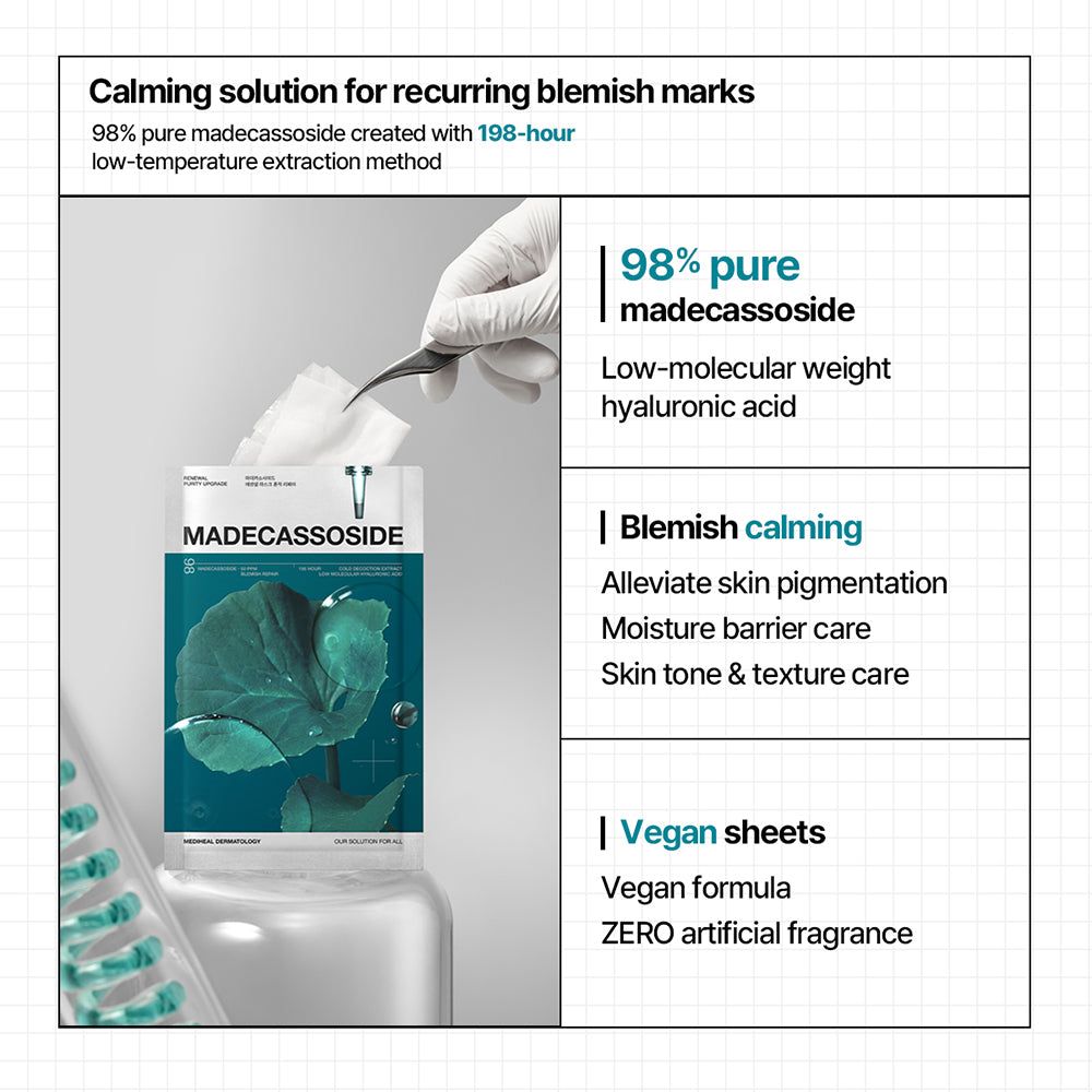 Verpackung der MEDIHEAL Madecassoside Essential Maske. Text: Madecassoside, 98%, Vegan Sheets, Blemish calming.