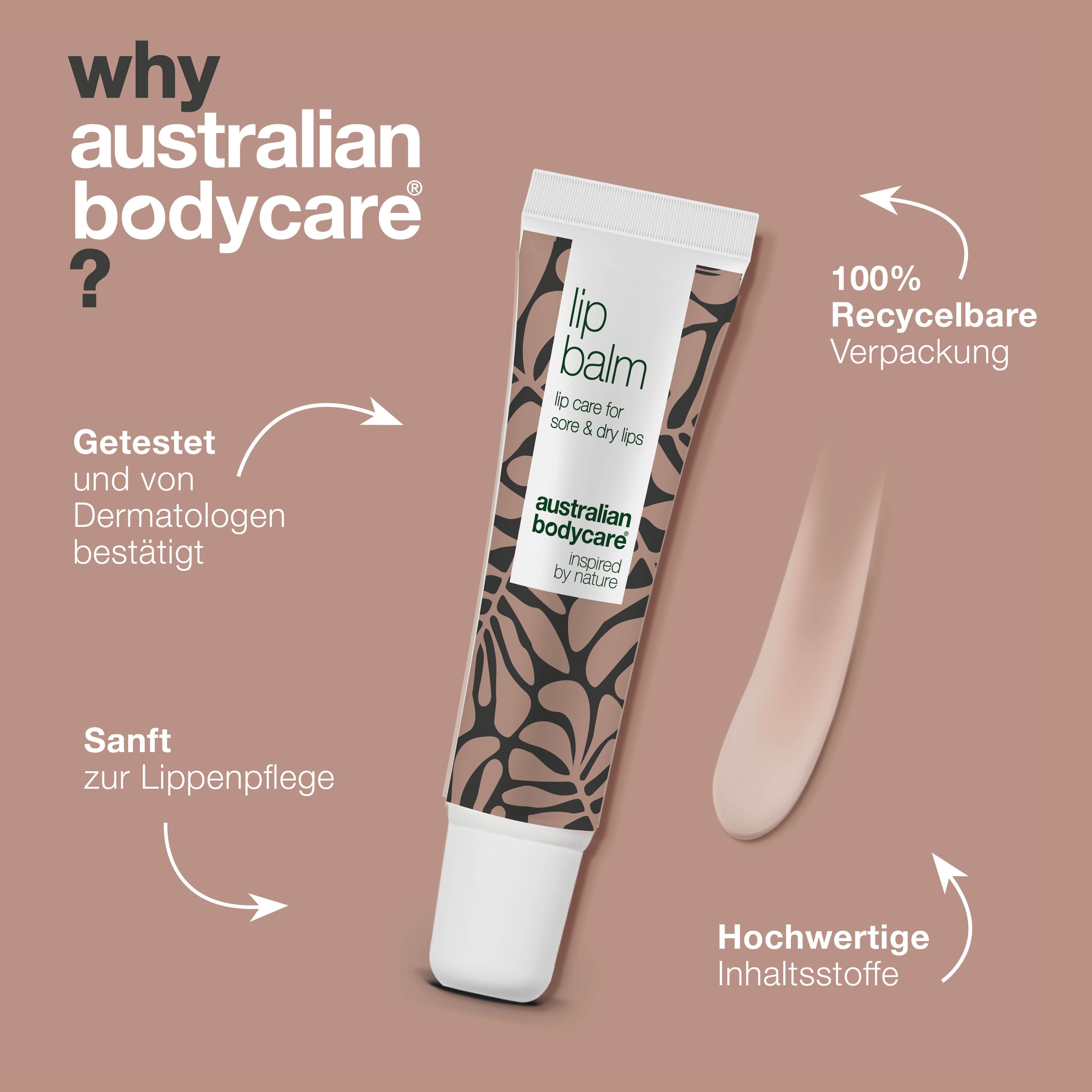 Lippenpflege-Tube. Text: Lippenbalsam, Australian Bodycare. Getestet von Dermatologen. 100% recycelbare Verpackung.