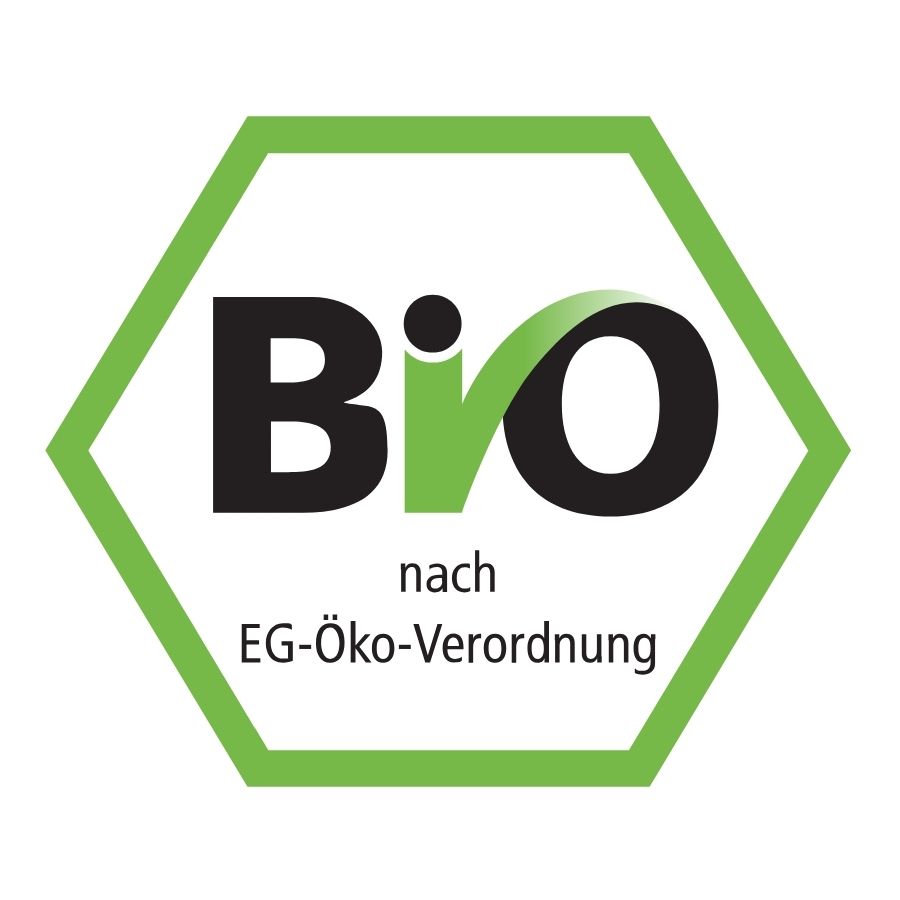 Deutsches Bio-Siegel nach EG-Öko-Verordnung in einem grünen Sechseck.