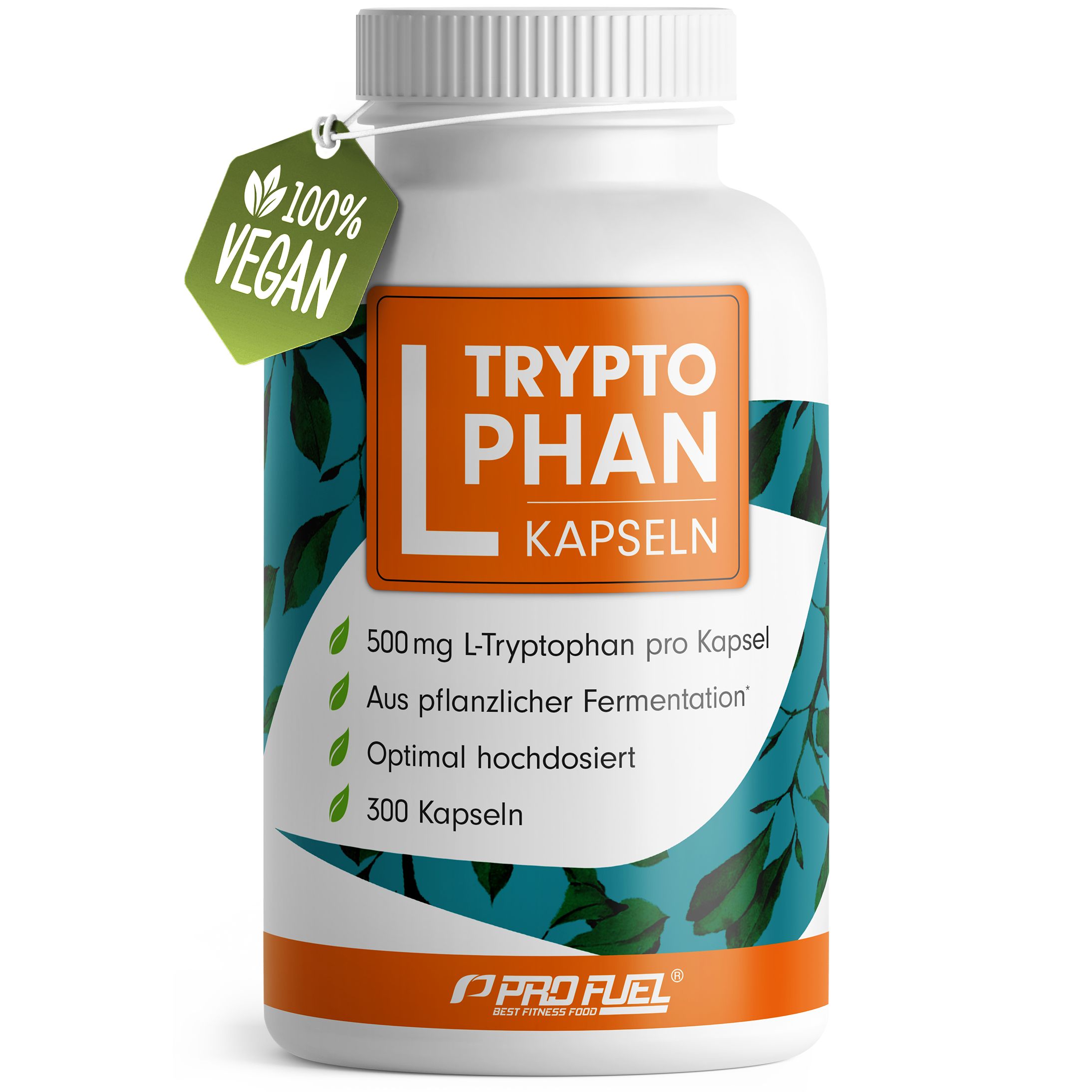 Weiße Flasche mit Kapseln. Aufschrift: L-Tryptophan Kapseln, 500mg. Anhänger: 100% Vegan. Logo: ProFuel.