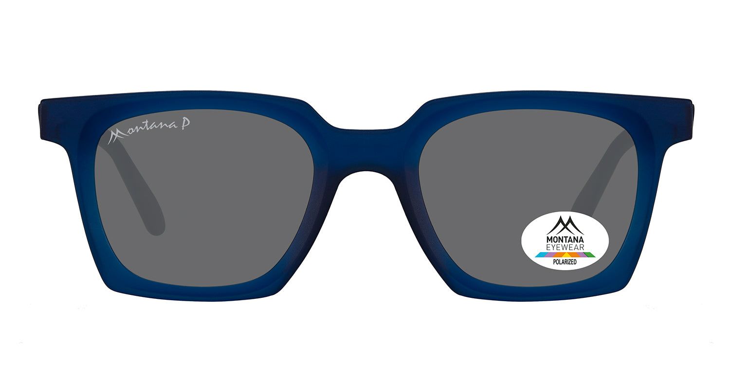 Blaue Sonnenbrille mit quadratischen Gläsern. Auf einem Glas ist ein Aufkleber mit Logo und der Aufschrift 'Polarized' zu sehen.