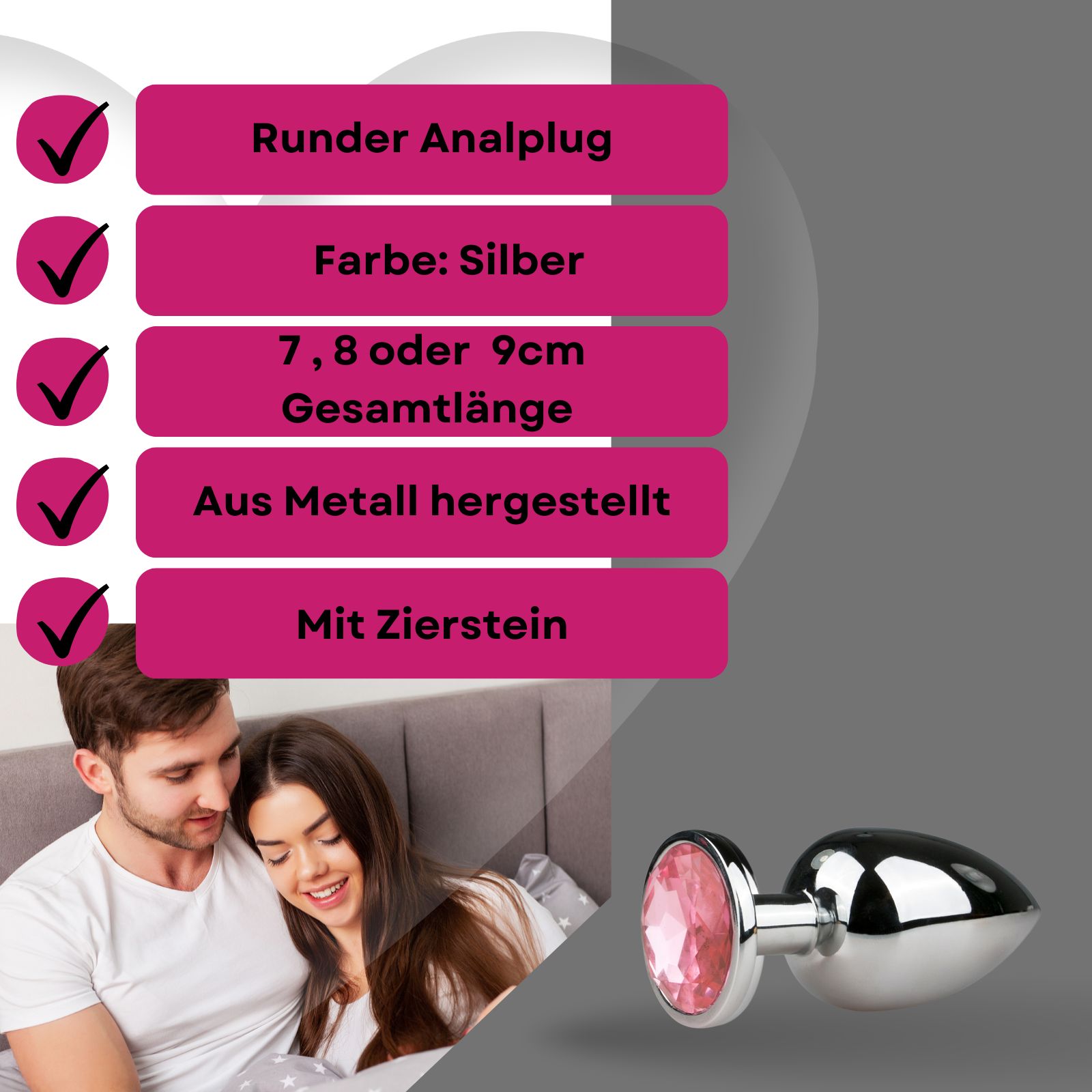Analplug aus Metall, silberfarben, mit Zierstein. Abgebildet mit Paar. Produktmerkmale auf Infotafel.