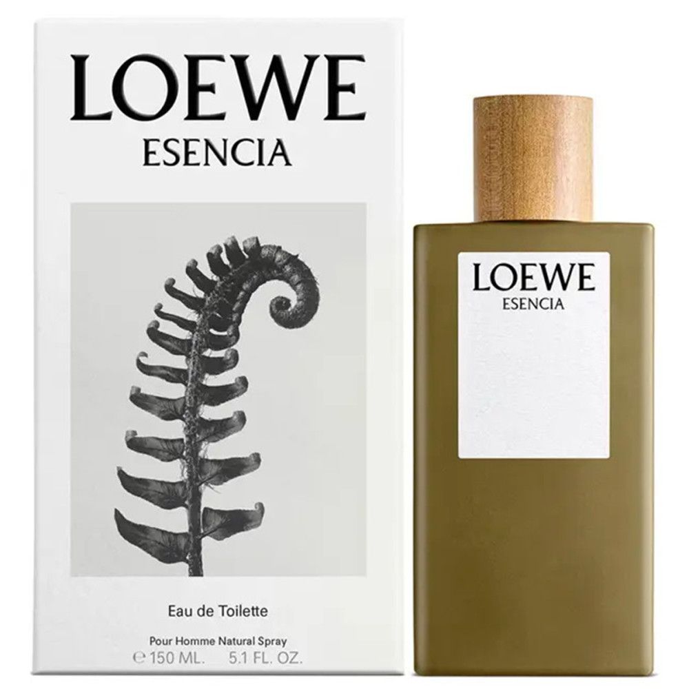 Loewe Esencia Eau de Toilette Flakon und Verpackung. Rechteckiger Flakon, braun, Holzverschluss. Weiße Verpackung mit Logo und Blattmotiv.