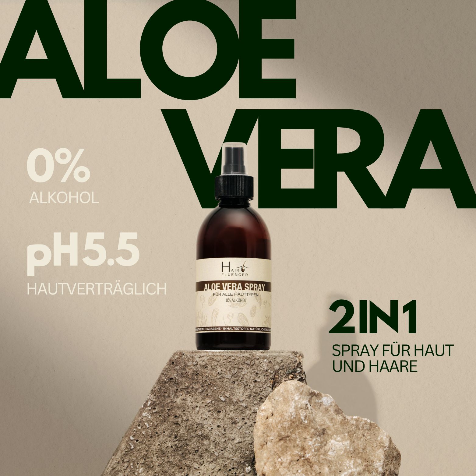 Flasche Hairfluencer Aloe Vera Spray auf Steinen, mit Text "Aloe Vera 2IN1 Spray für Haut und Haare".