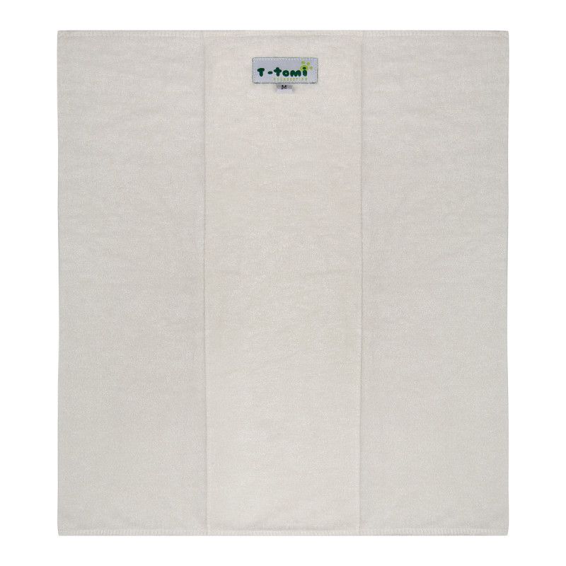 Quadratische Bambuswindel, Größe M. Hellbeige Stoff mit dreifachem Faltdesign. Logo mittig platziert.