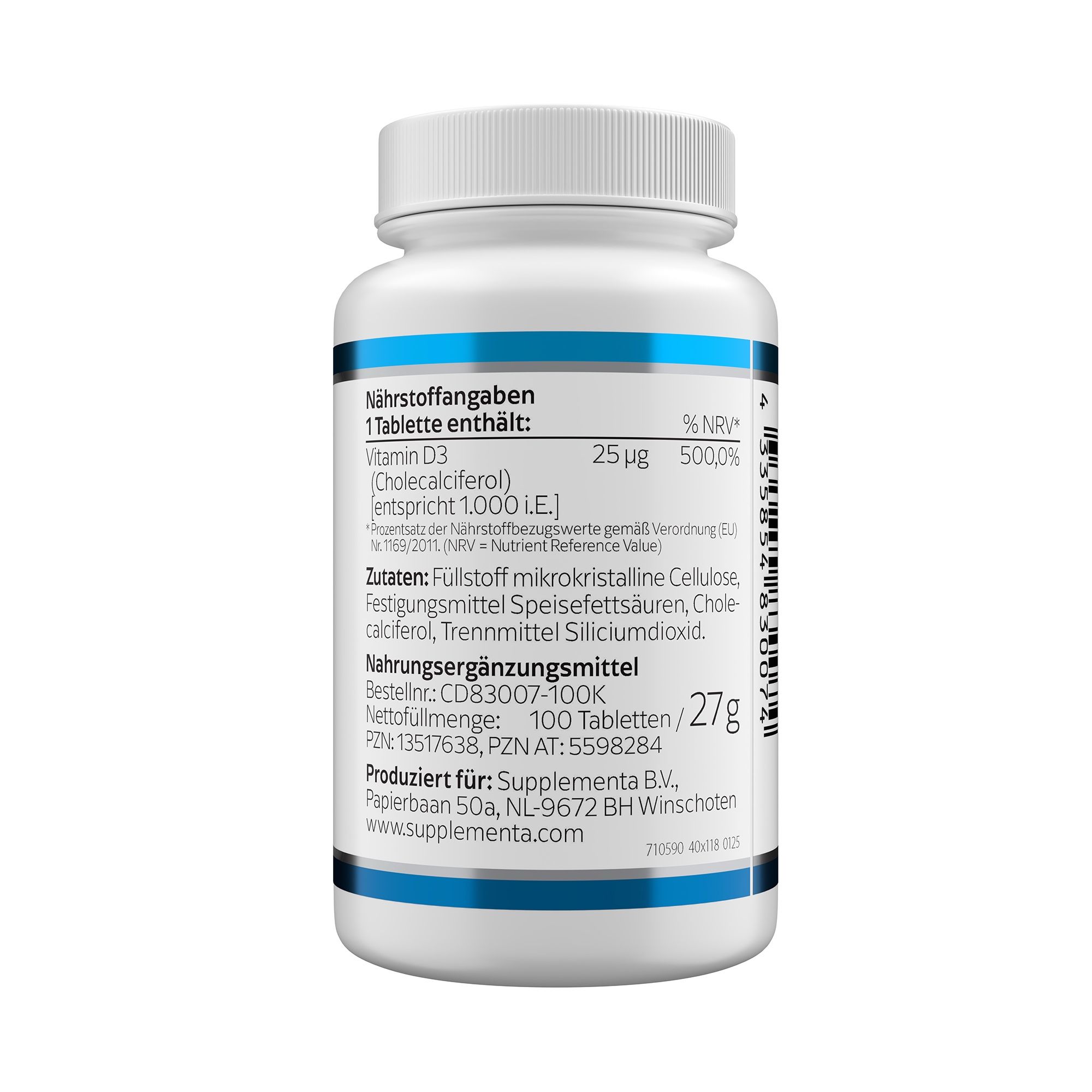 Rückseite einer Flasche Vitamin D3 1000 I.E. von Douglas Laboratories. Nährwertangaben.