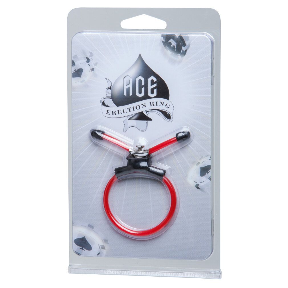 Ein Erektionsring aus Metall und Gummi in der Verpackung. Ein zweiter Ring ist separat abgebildet.