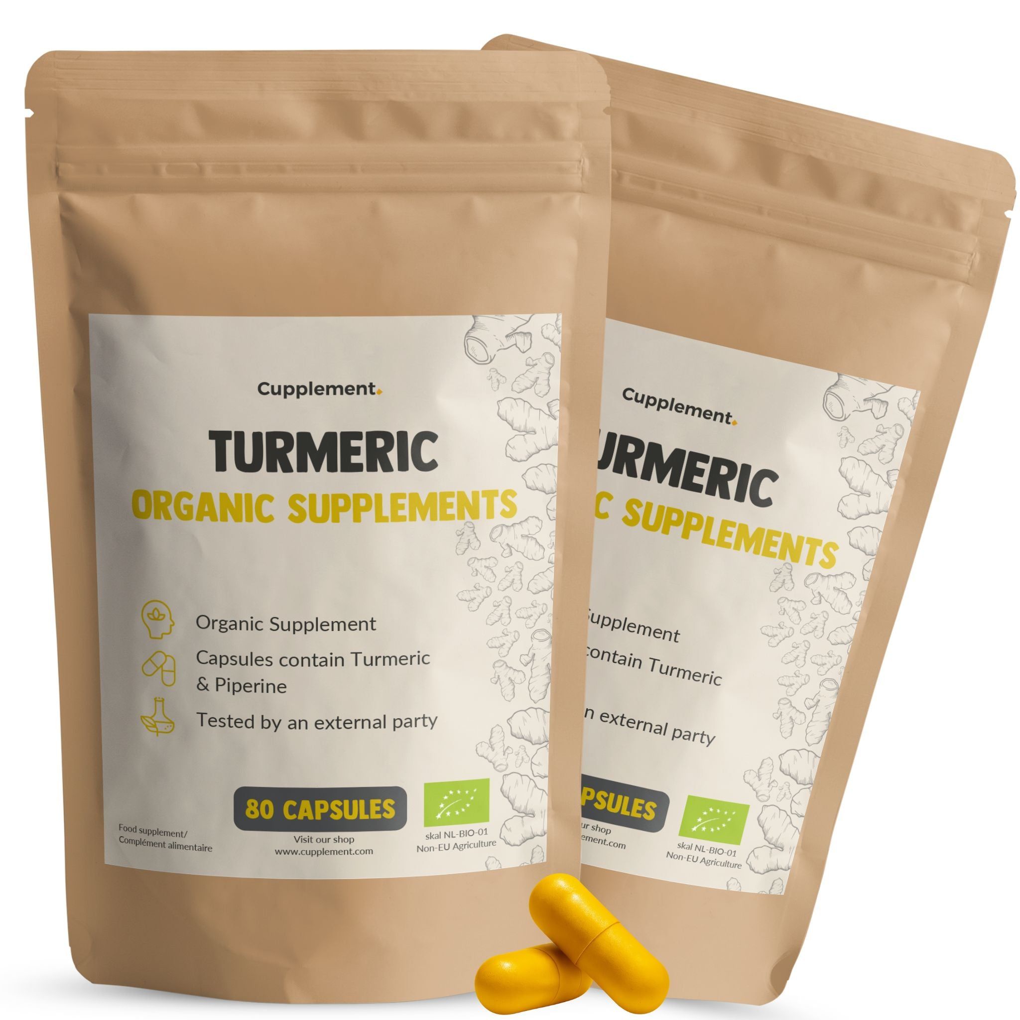 Zwei Beutel mit Kurkuma-Kapseln. Aufschrift: Turmeric Organic Supplements. 80 Kapseln. Bio-Siegel.