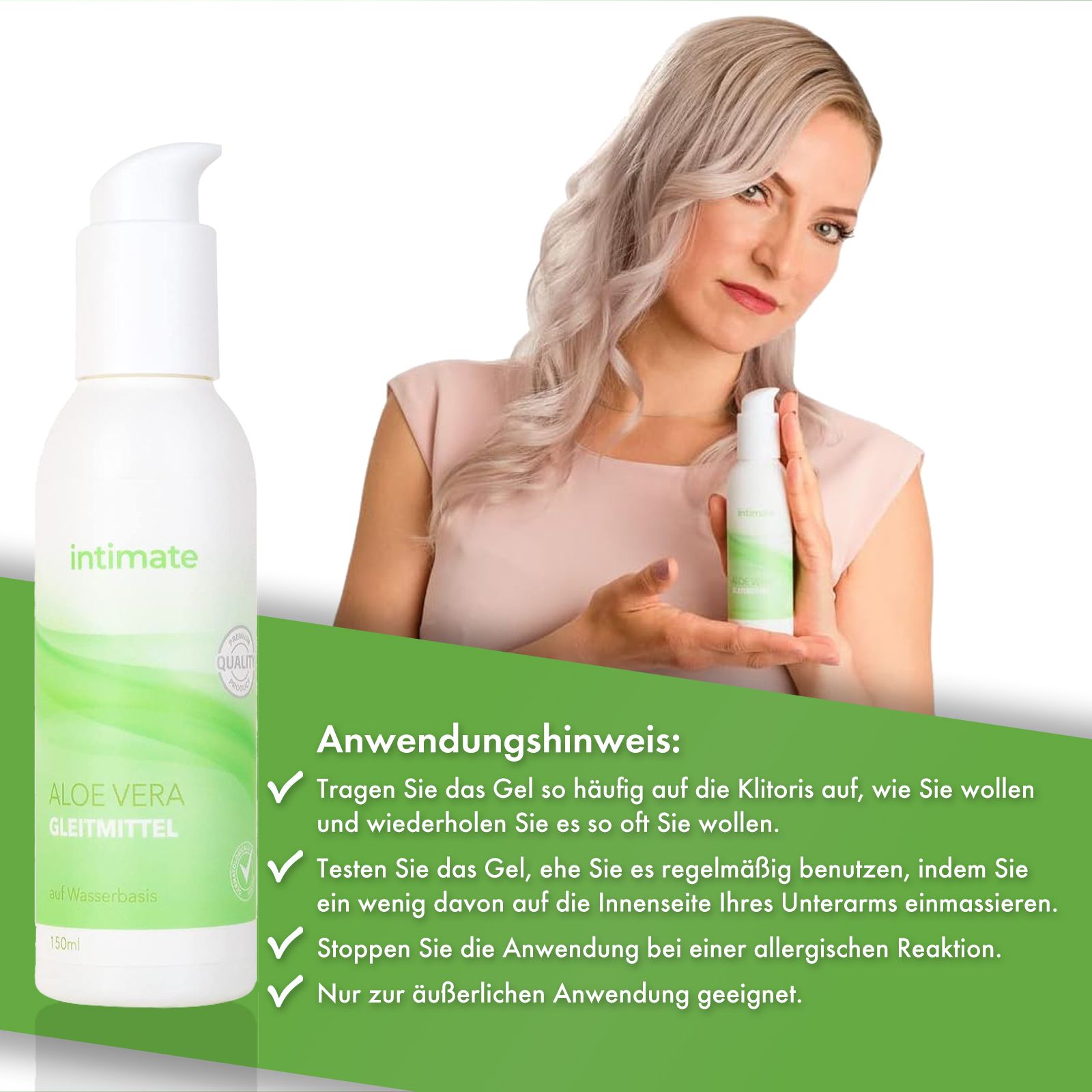 Frau hält eine Flasche. Text: Anwendungshinweis. Aufzählungspunkte mit Anweisungen zur Anwendung.