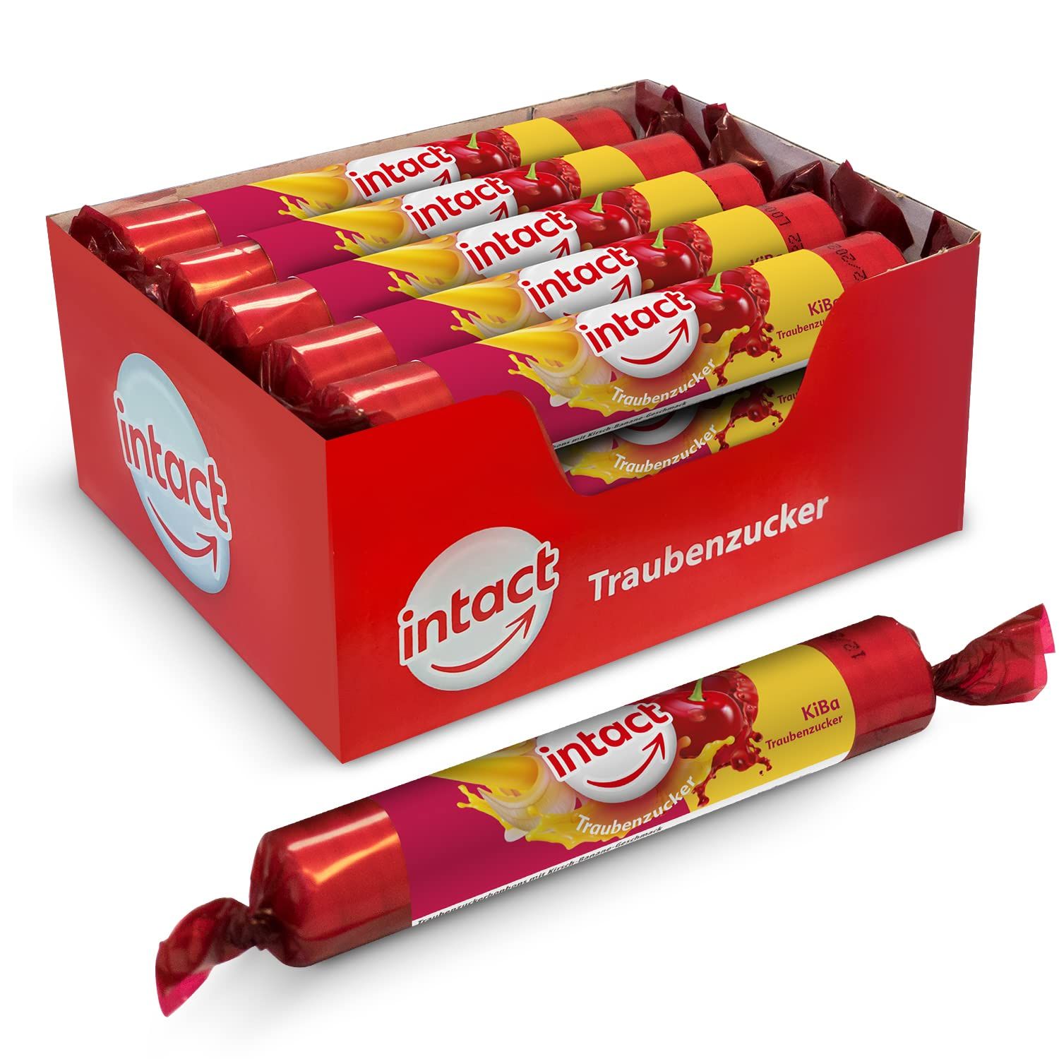 Offene rote Kartonbox mit intact Traubenzucker Rollen. Eine Rolle liegt davor. Auf der Rolle: intact Kirsch-Banane Traubenzucker.