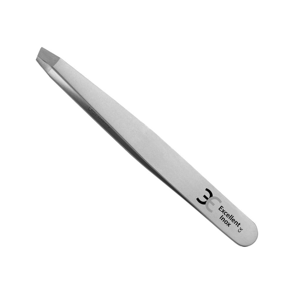 Schräge Pinzette aus rostfreiem Stahl. Mit abgewinkelter Spitze. Auf dem Griff ist "Excellent Inox" und ein Logo abgebildet.