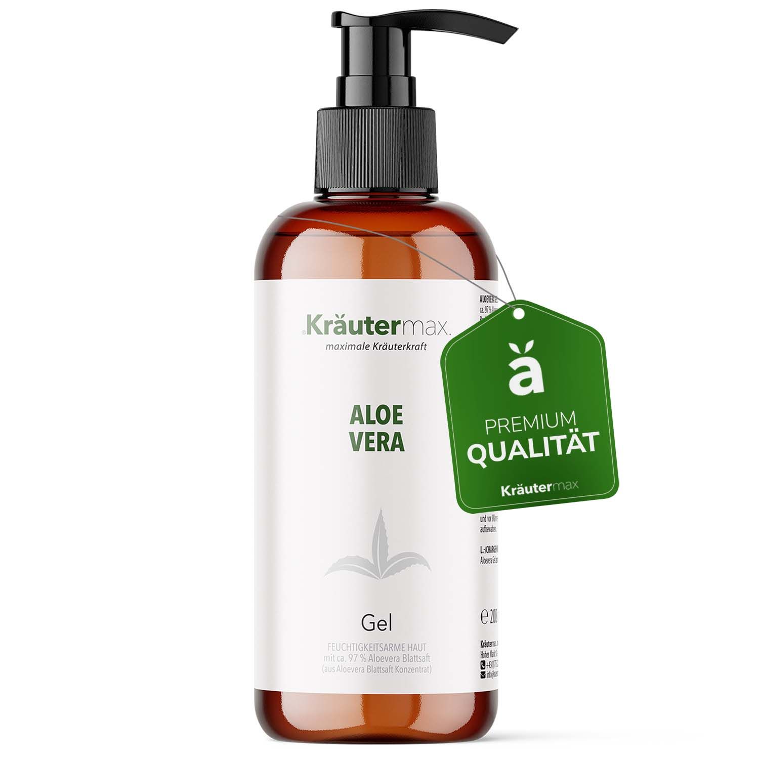 Braune Flasche Kräutermax Aloe Vera Gel mit Dosierpumpe und grünem Anhänger.