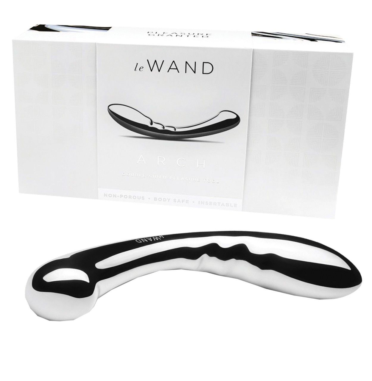 Wellness-Produkt aus Edelstahl und Verpackung. Silberfarben. Marke 'LE WAND' und Produktname 'ARCH' sichtbar.