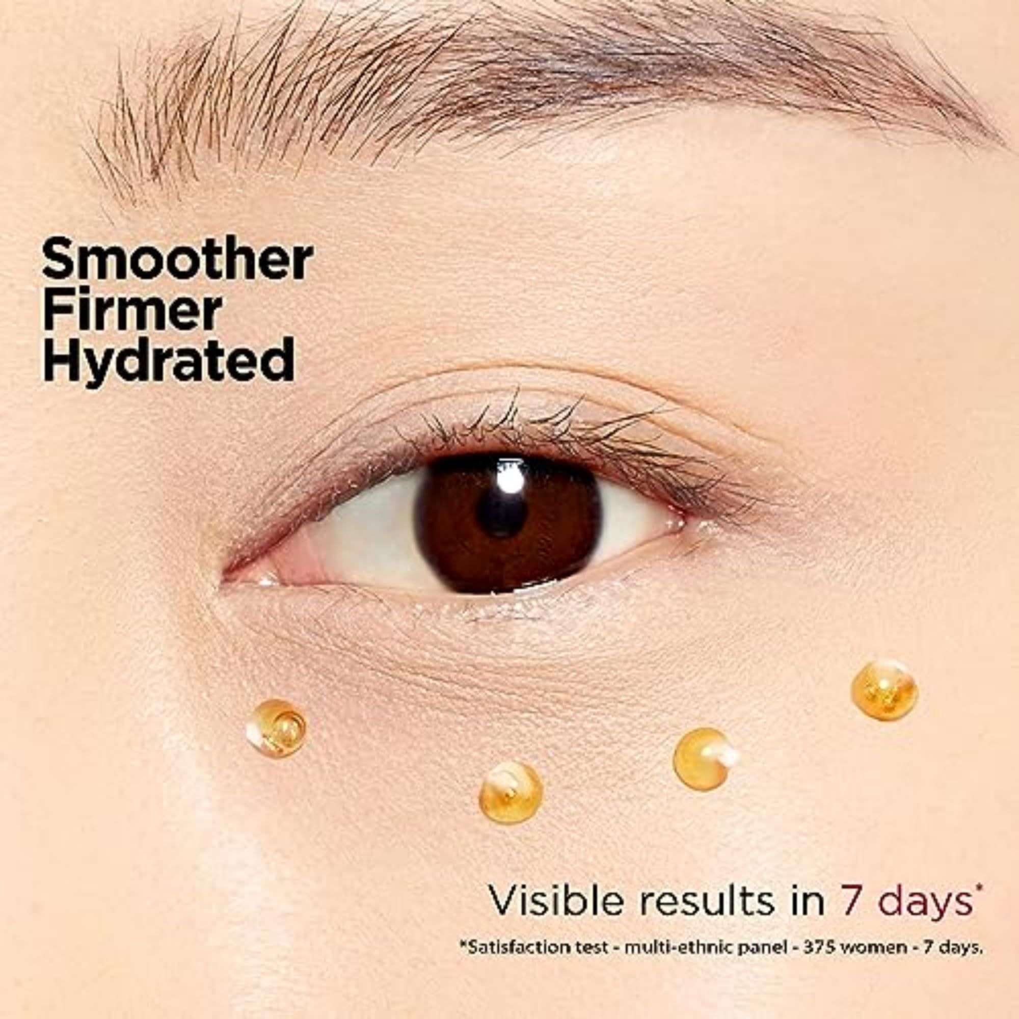 Auge mit Serumtröpfchen. Text: Smoother, Firmer, Hydrated. Sichtbare Ergebnisse in 7 Tagen.