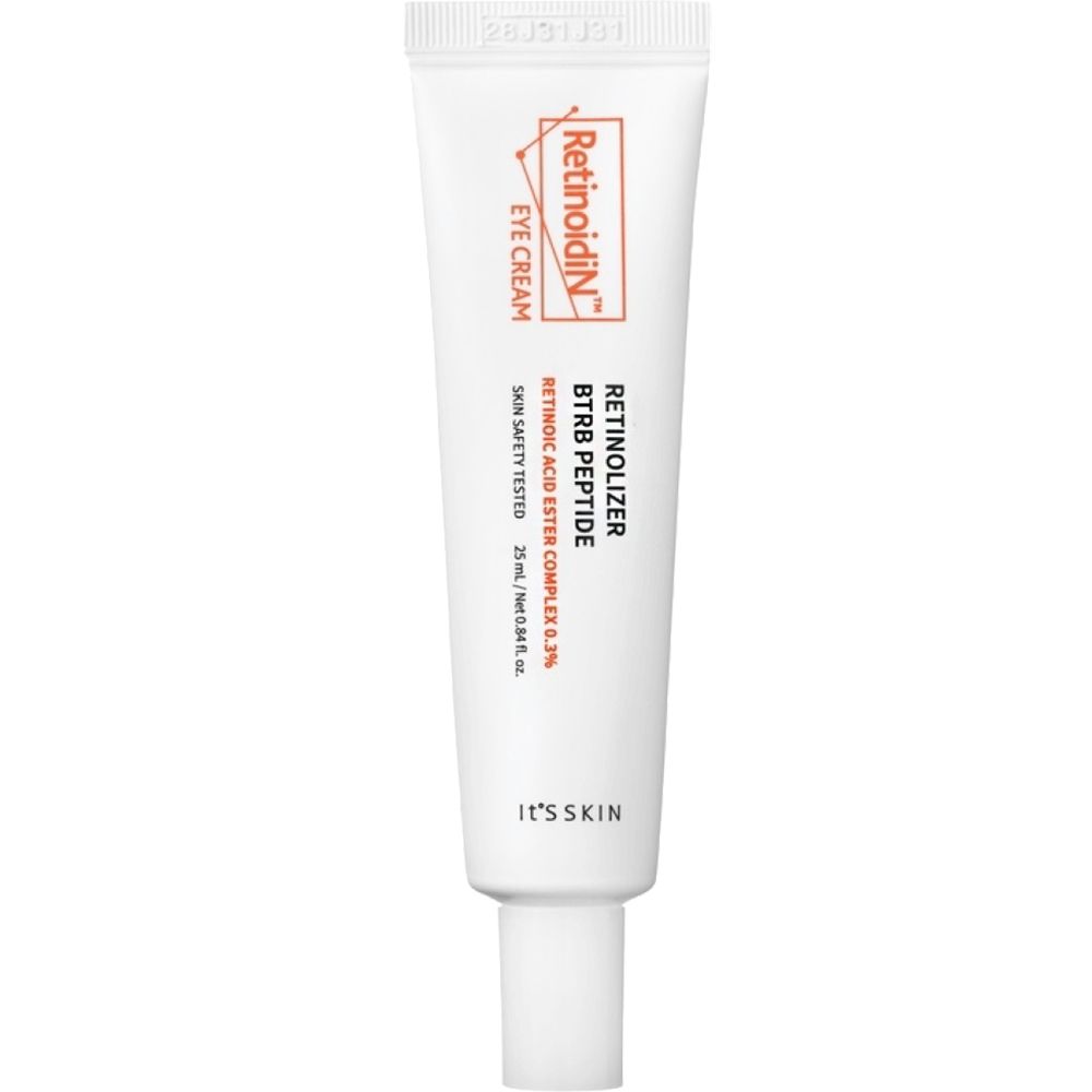 Weiße Tube mit roter und orangefarbener Schrift. Produktname: Retinoidin Eye Cream. Text: Retinolizer BTRB Peptide, Retinoic Acid Ester Complex 0.3%.
