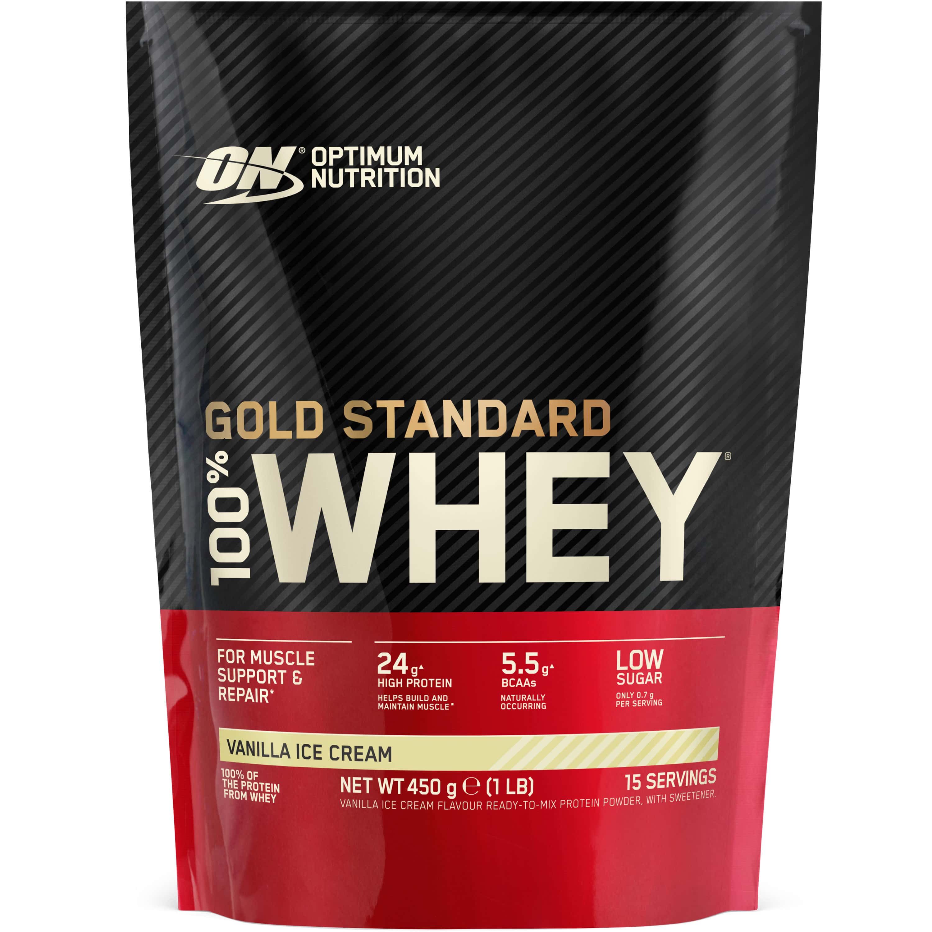 Beutel mit Gold Standard 100% Whey. Aufschrift: Optimum Nutrition, 24g Protein, 5.5g BCAAs, Low Sugar. Geschmack: Vanilla Ice Cream. Netto 450g.