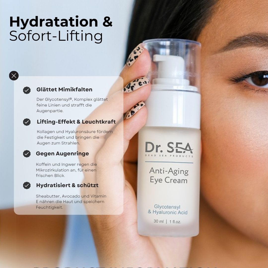 Augencreme-Flakon mit Spender. Aufschrift: Dr. SEA, Anti-Aging Eye Cream, Glycotensyl & Hyaluronsäure. Neben Text.