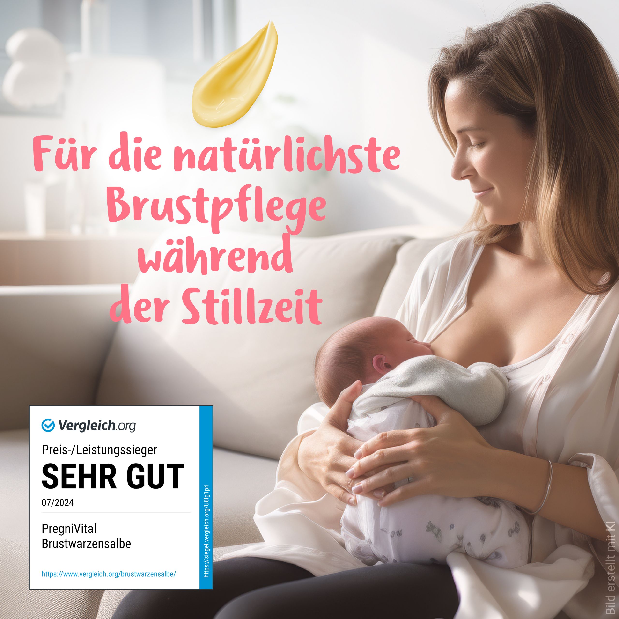 Mutter stillt Baby, mit PregniVital Lanolin Salbe und Siegel 'Sehr Gut'.