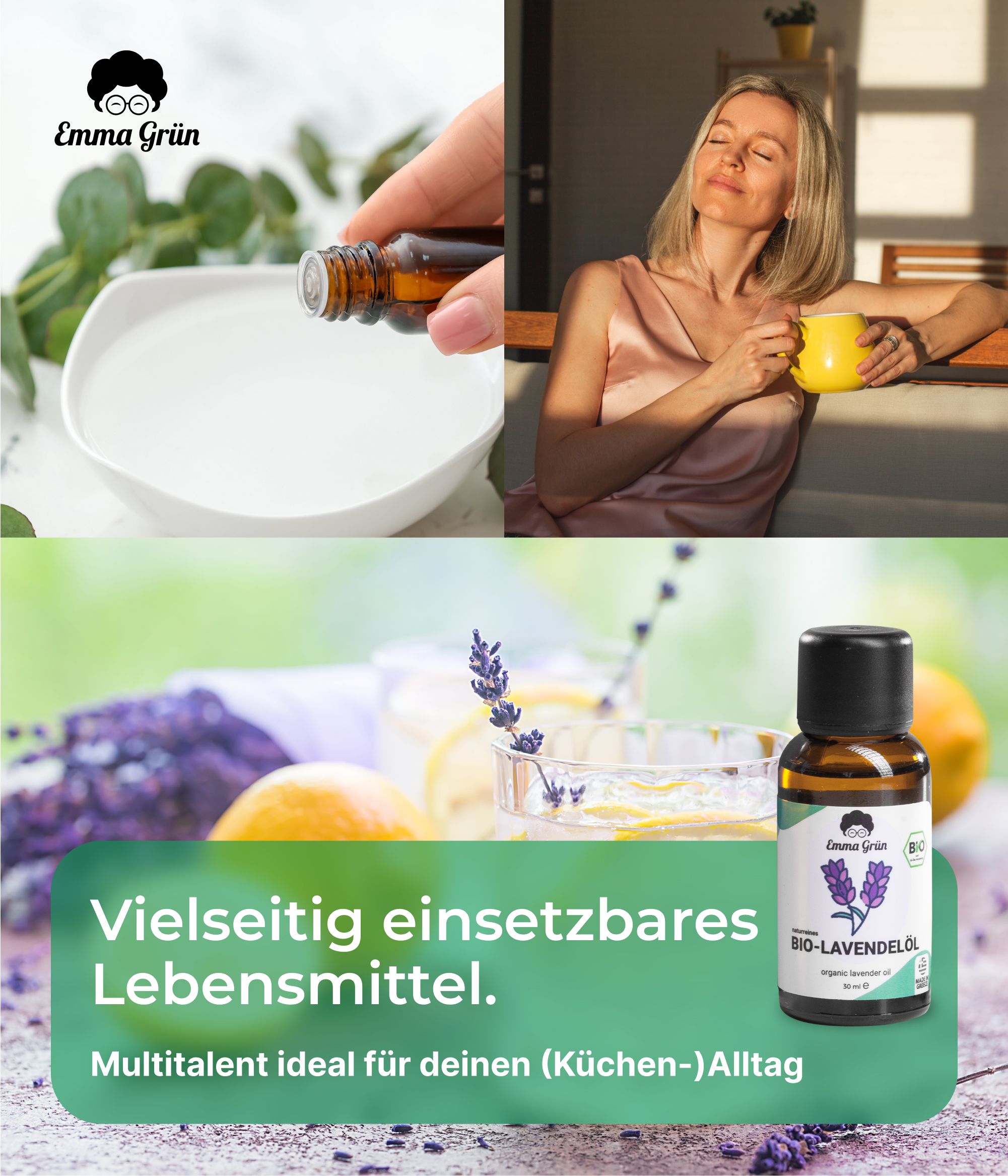 Person gießt Öl in eine Schüssel. Frau trinkt Tee. Flasche mit Etikett. Text: Vielseitig einsetzbares Lebensmittel. Multitalent für deinen Alltag.