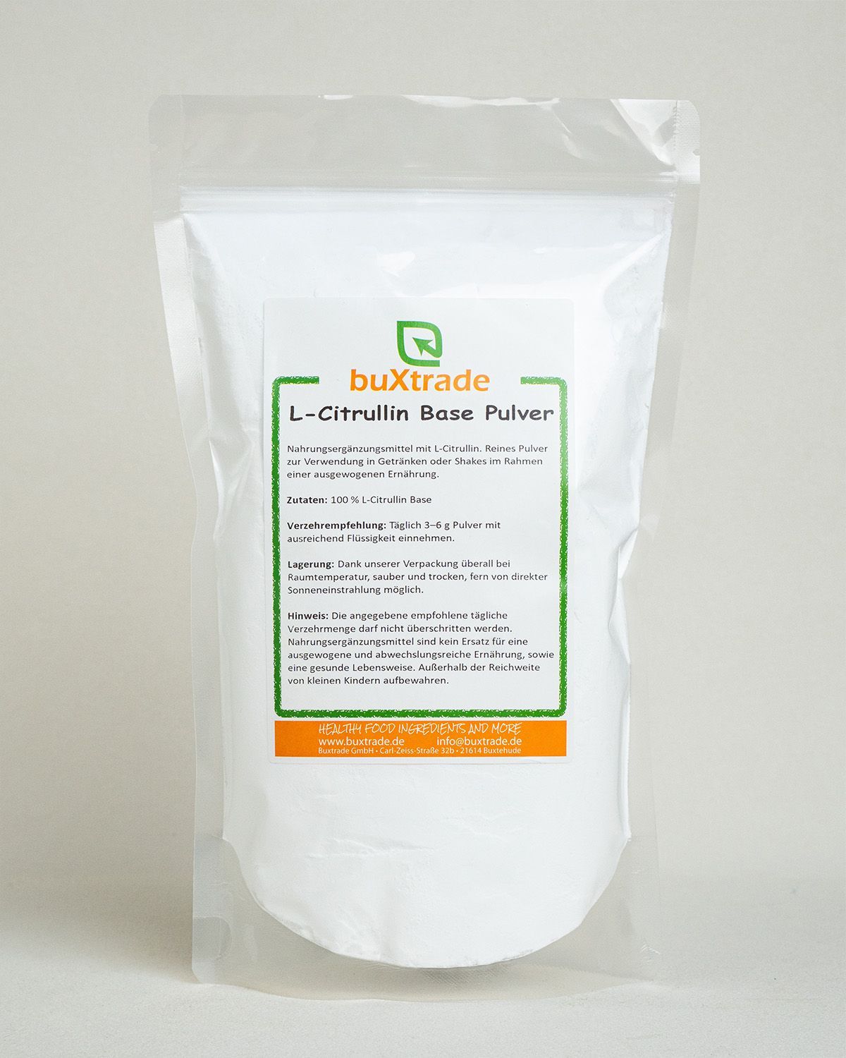 Verpackung von buXtrade L-Citrullin Base Pulver mit Nährwertangaben.
