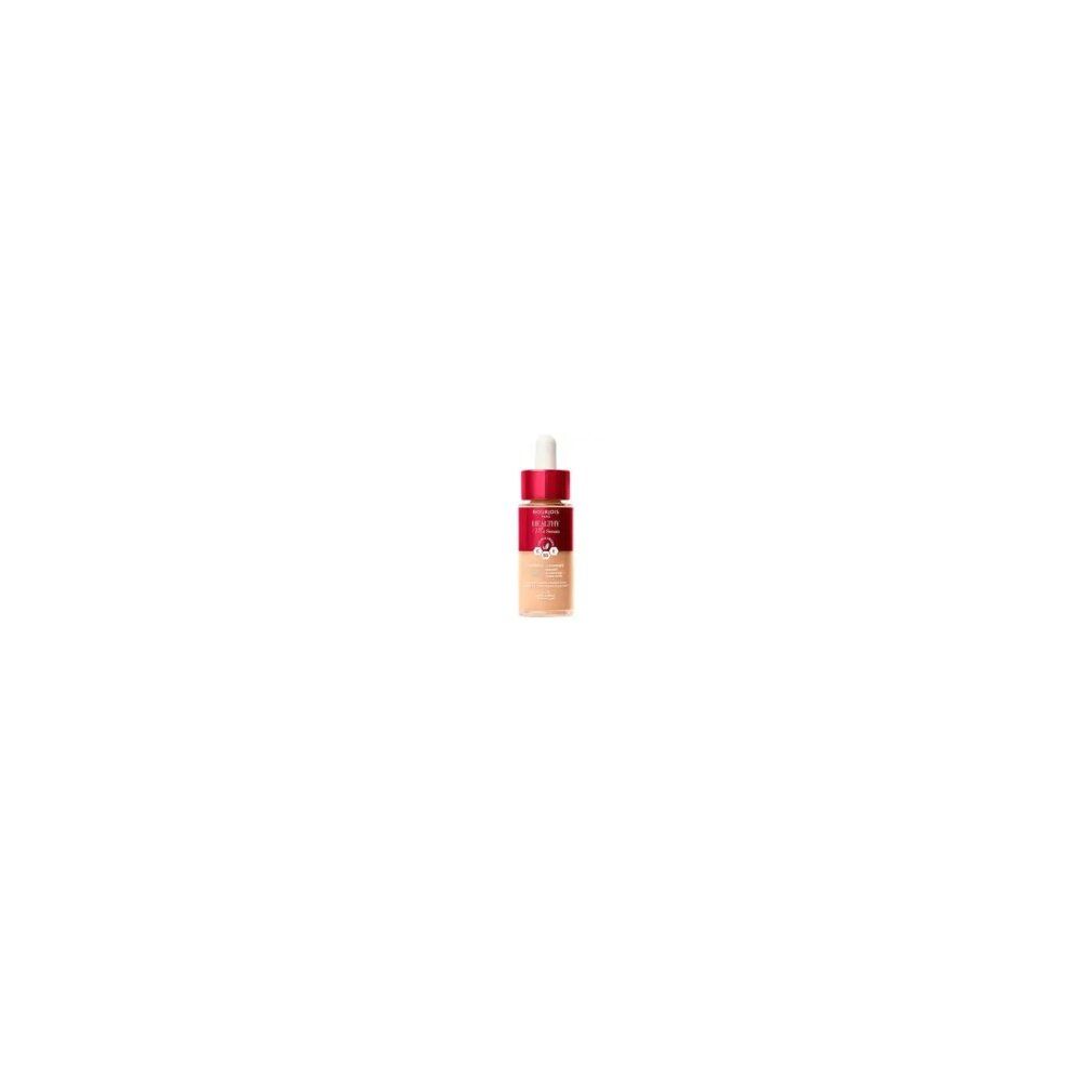 Serum Foundation Flasche. Roter Deckel, transparente Flasche mit beiger Flüssigkeit. Weißer Applikator. Produktname nicht erkennbar.
