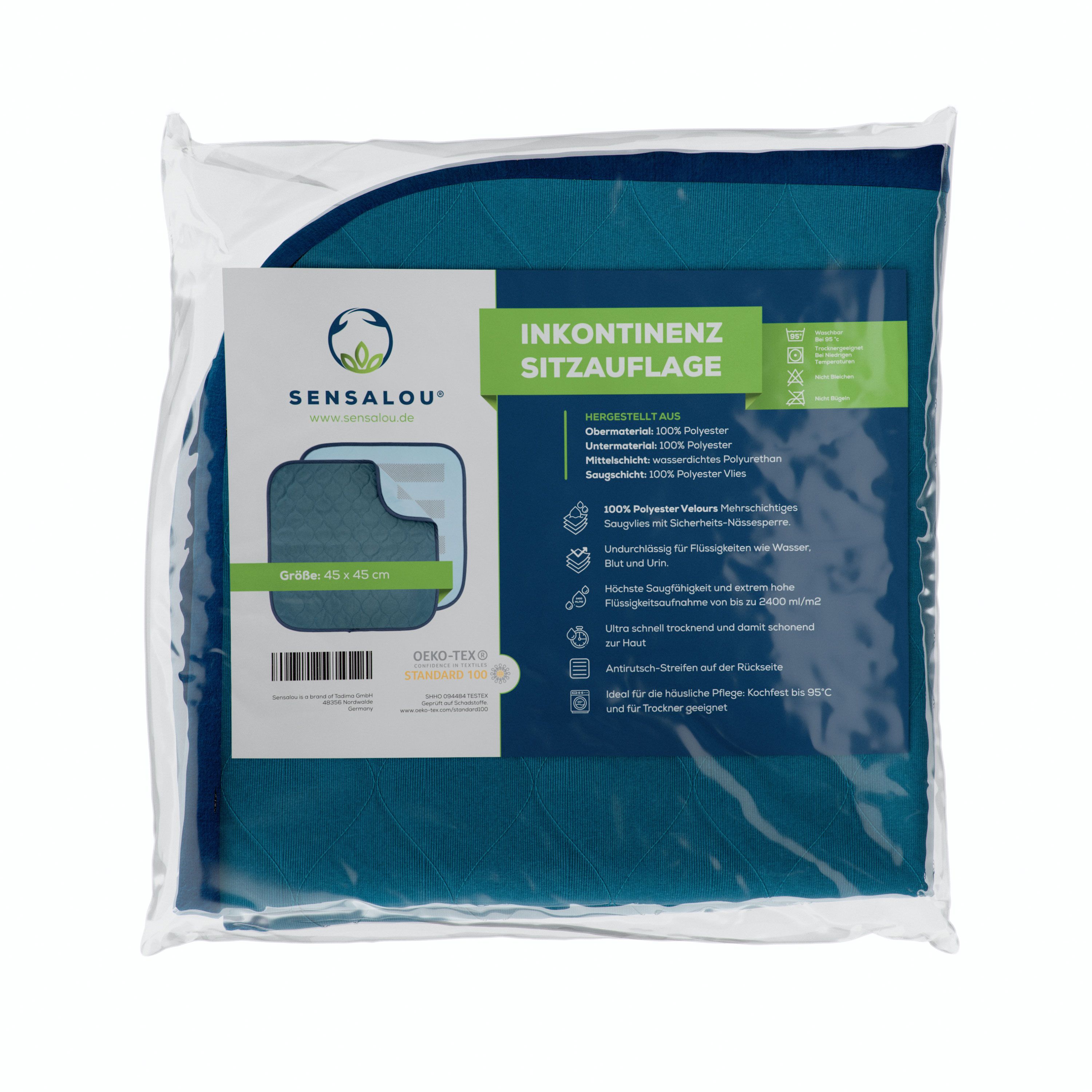 Verpackung mit Sensalou Inkontinenz Sitzauflage. Produktinformationen und OEKO-TEX-Zertifizierung sind sichtbar.
