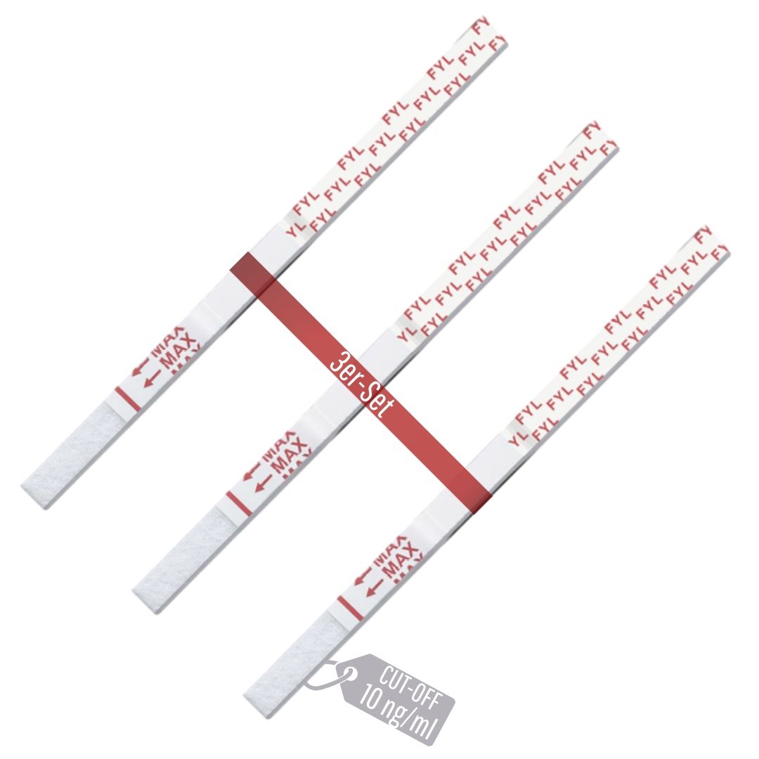 Drei Urin-Teststreifen. Aufschrift '3er-Set' und 'CUT-OFF 10 ng/ml'.