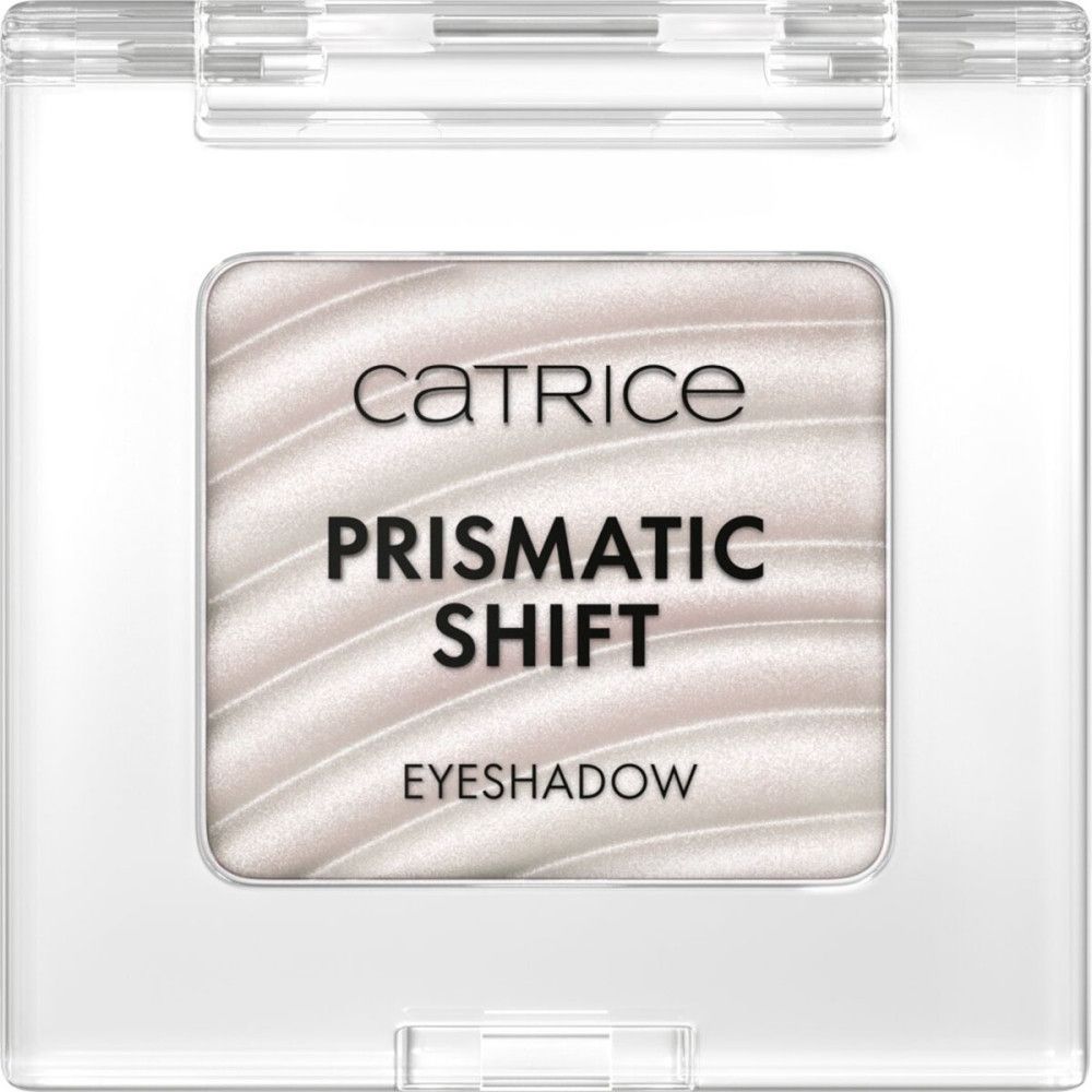 Catrice Prismatic Shift Lidschatten. Quadratische, transparente Verpackung. Weißer Lidschatten mit Schriftzug.