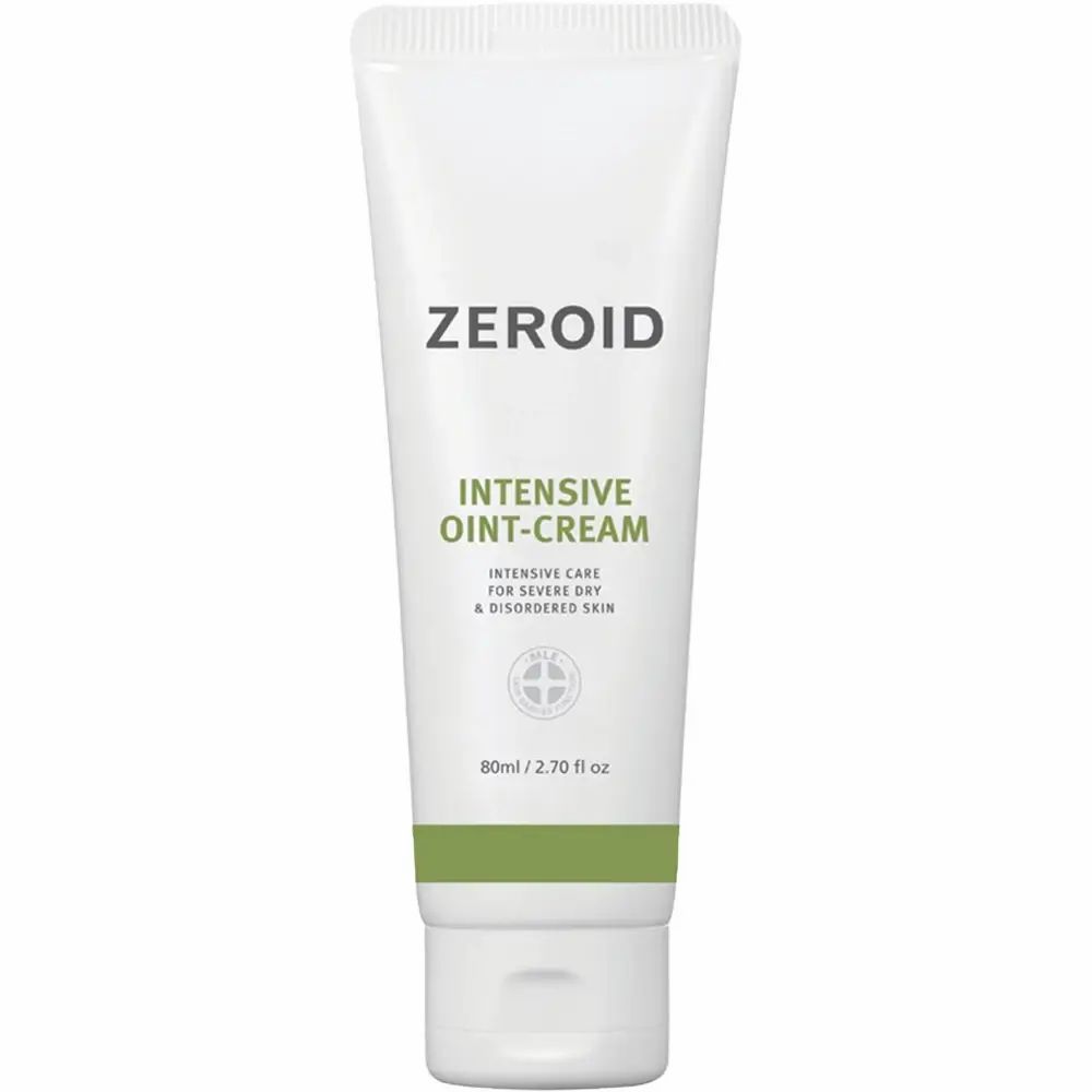 Weiße Tube mit grünem Streifen. Aufschrift ZEROID, INTENSIVE OINT-CREAM. Text: Intensive Pflege für trockene Haut.