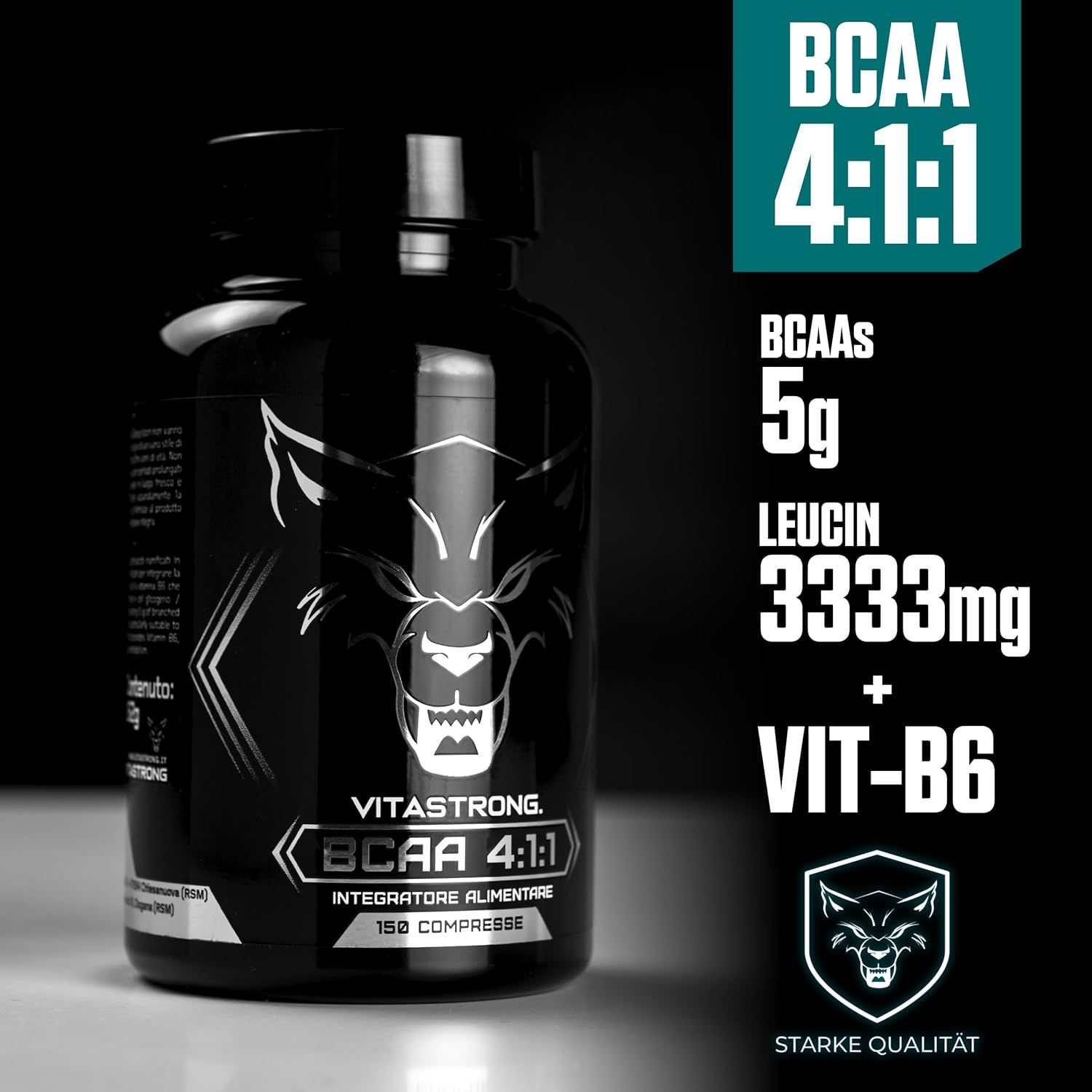 Schwarze Flasche Vitastrong BCAA 4:1:1, 150 Tabletten. Zusätzliche Informationen zu BCAAs, Leucin und Vitamin B6.