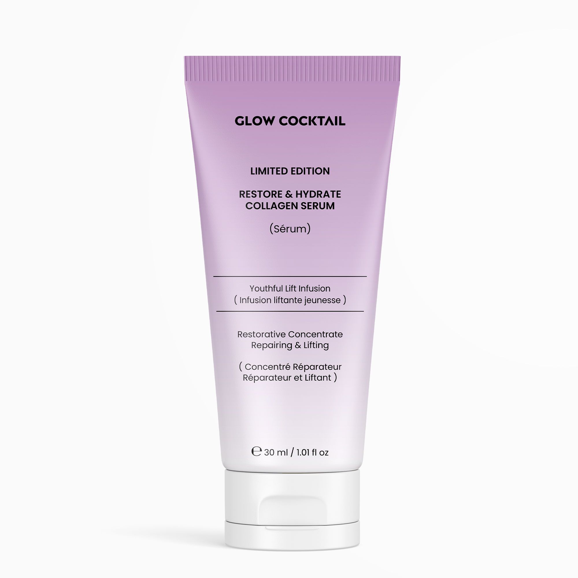 Lila Tube "GLOW COCKTAIL LIMITED EDITION RESTORE & HYDRATE COLLAGEN SERUM (Sérum)". 30 ml / 1.01 fl oz.