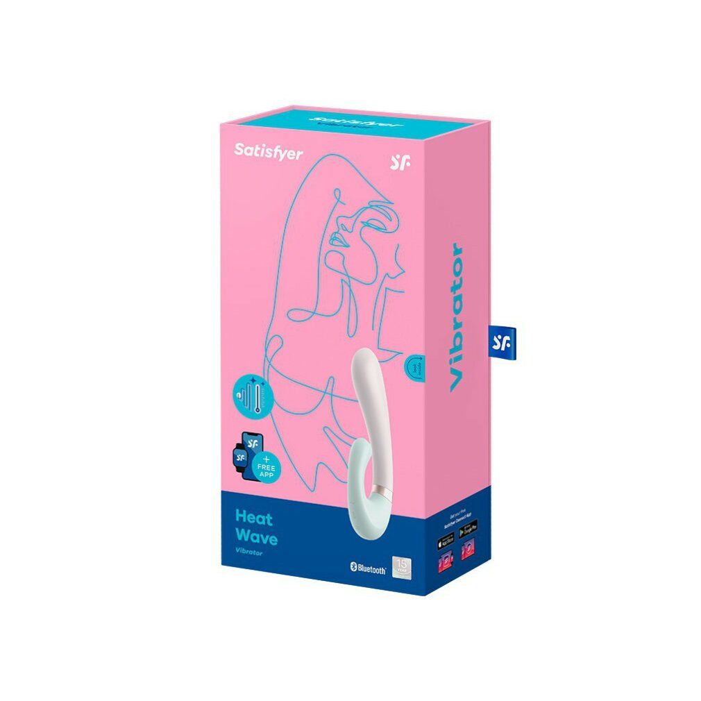 Verpackung des Rabbitvibrators "Heat Wave" von Satisfyer. Rosa-weißes Design mit Produktabbildung und Logo.
