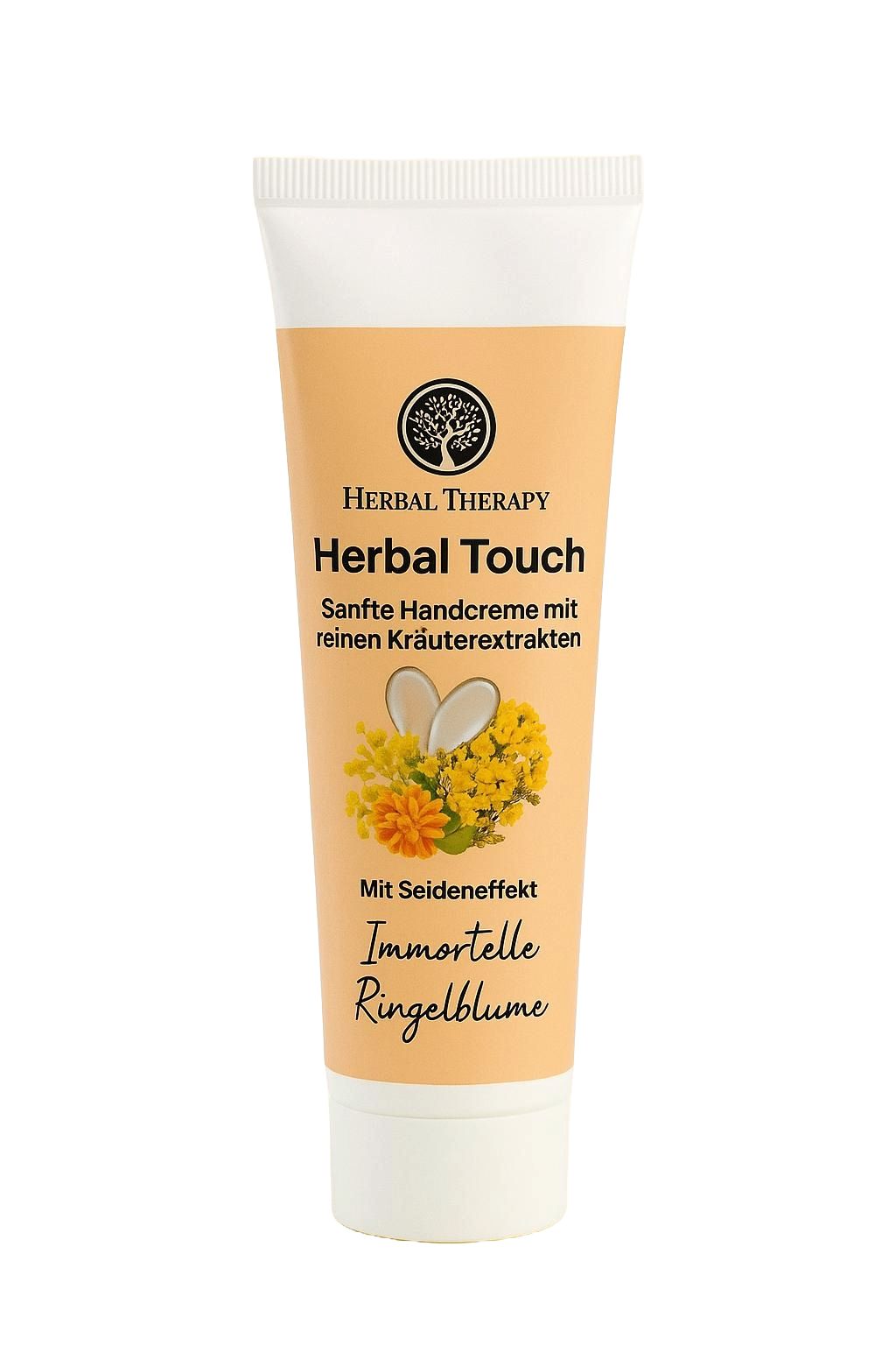 Creme-Tube mit gelbem Hintergrund. Text: Herbal Therapy, Herbal Touch, Sanfte Handcreme mit Kräuterextrakten. Abbildung von Blüten.