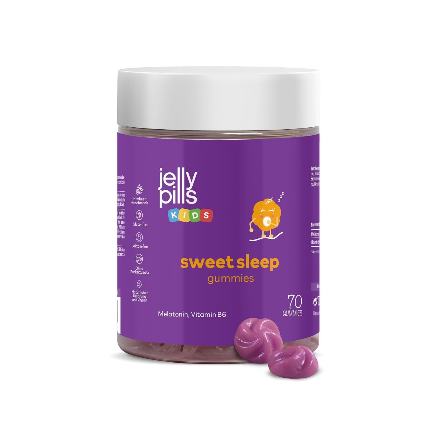 Eine Dose mit lila Etikett. Aufschrift: Jelly Pills Kids Sweet Sleep Gummies. Zwei lila Gummibärchen liegen daneben. 70 Gummies.