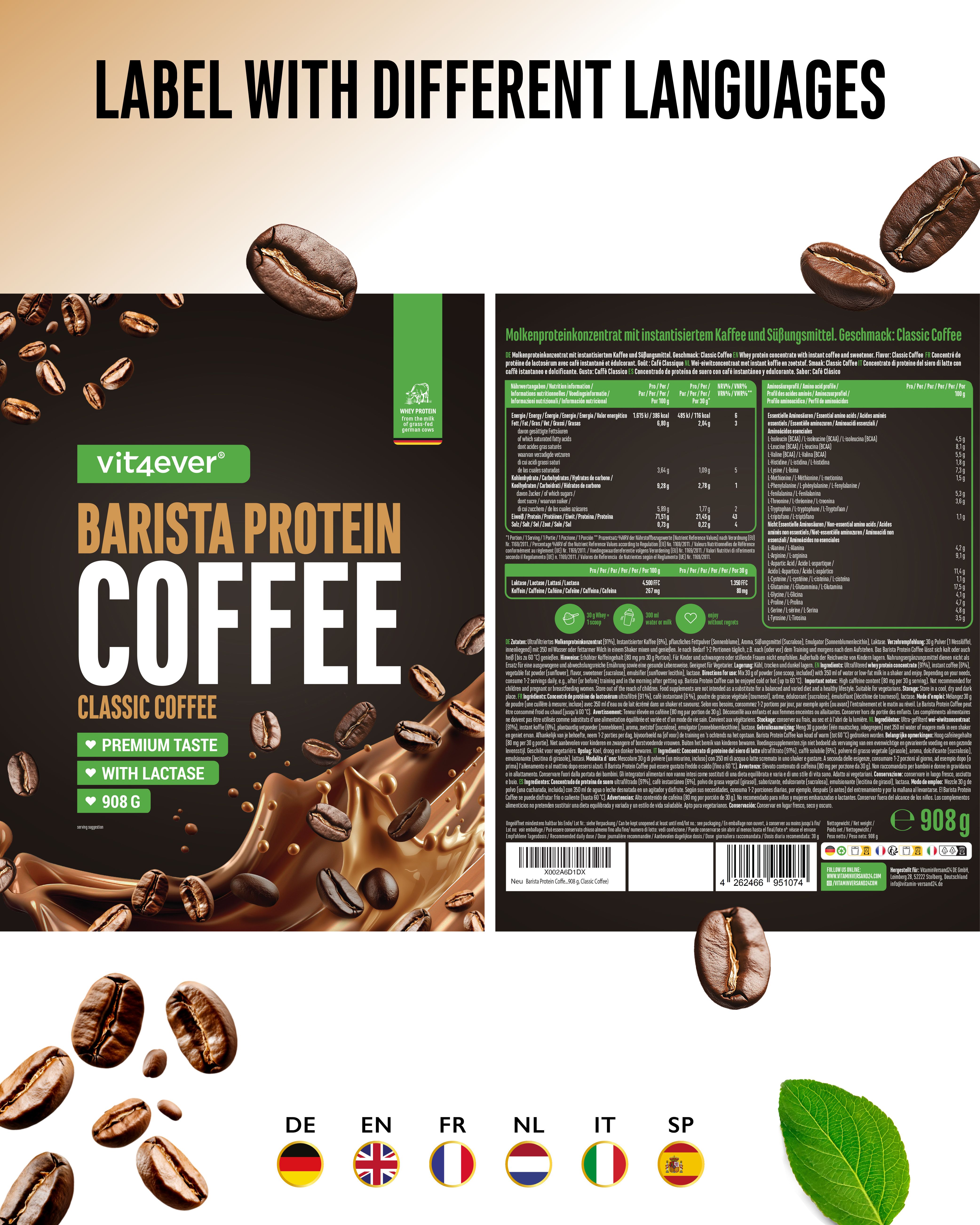 Verpackung "vit4ever Barista Protein Coffee" mit Etiketten in verschiedenen Sprachen. Enthält 908g.