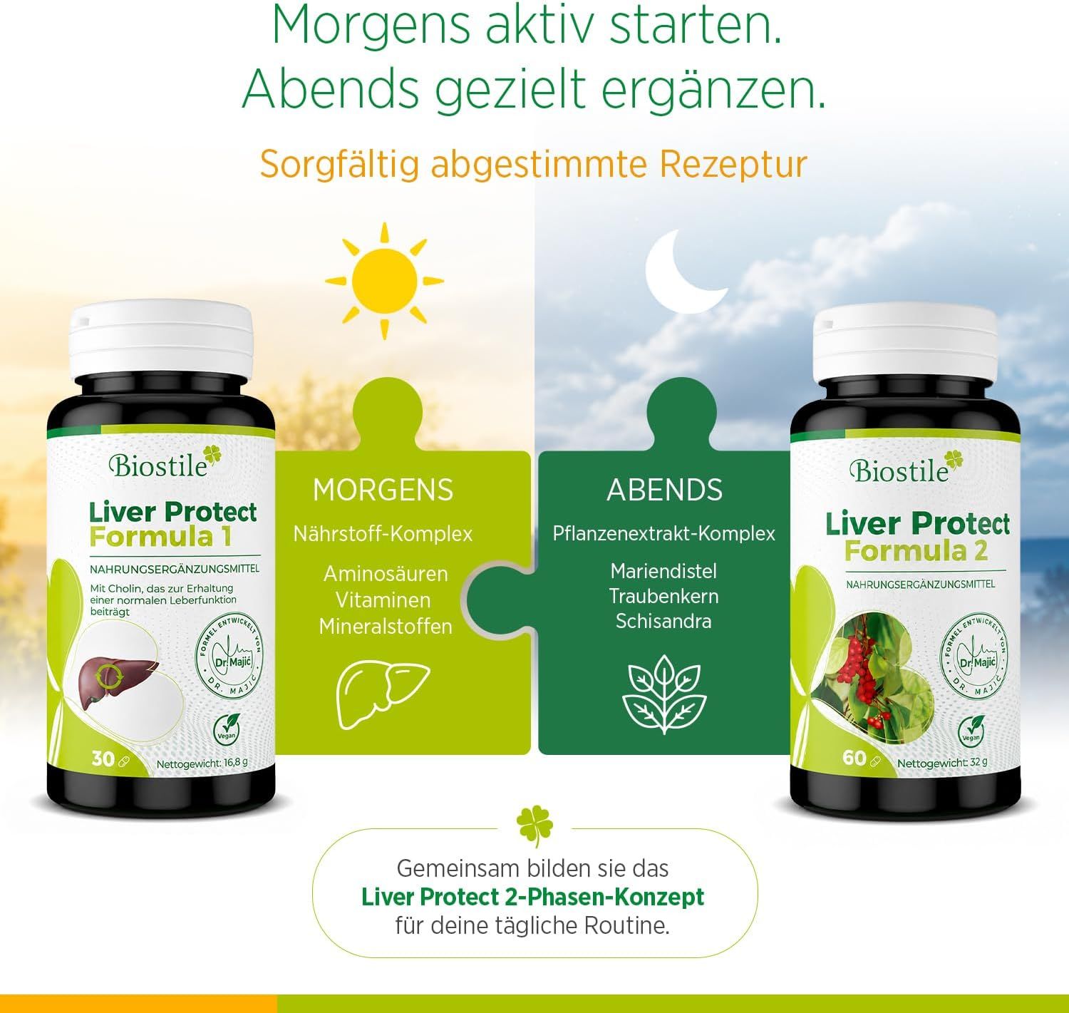 Biostile Liver Protect: Morgen- und Abendformel mit Puzzleteilen.