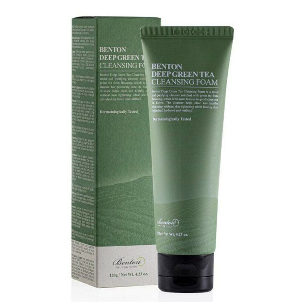 Benton Deep Green Tea Cleansing Foam Tube und Kartonverpackung. Beide sind grün mit Text.